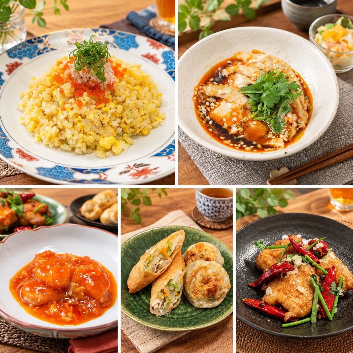Tao中華厨房の料理。カニ入り炒飯、よだれ鶏、エビチリ、点心(ニラ饅頭・野菜春巻き)、辣子鶏